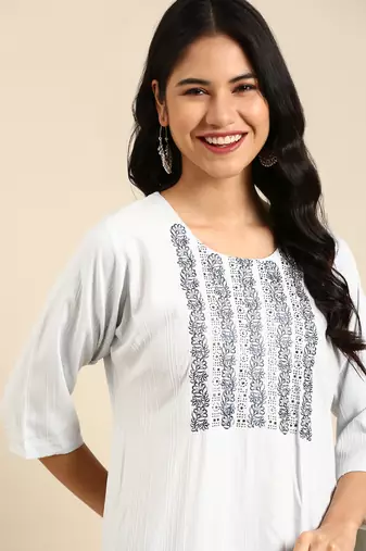 women's calf length round neck blue woven design straight kurta
