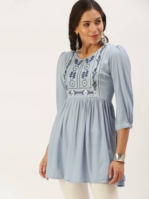 women's above knee round neck blue solid a-line kurta 4
