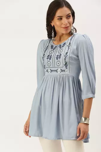 women's above knee round neck blue solid a-line kurta