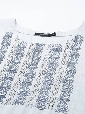 women's calf length round neck blue woven design straight kurta 3