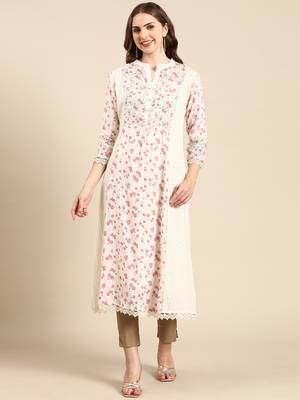 women's calf length mandarin collar cream floral a-line kurta 1