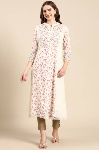 women's calf length mandarin collar cream floral a-line kurta