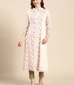 women's calf length mandarin collar cream floral a-line kurta