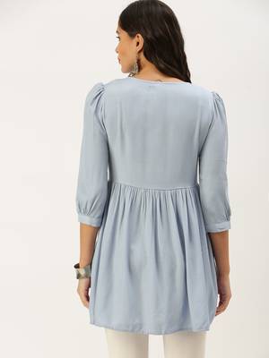 women's above knee round neck blue solid a-line kurta 5