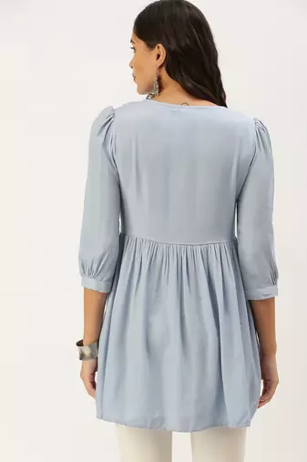 women's above knee round neck blue solid a-line kurta