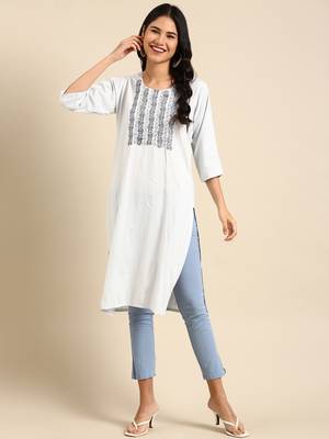 women's calf length round neck blue woven design straight kurta 4