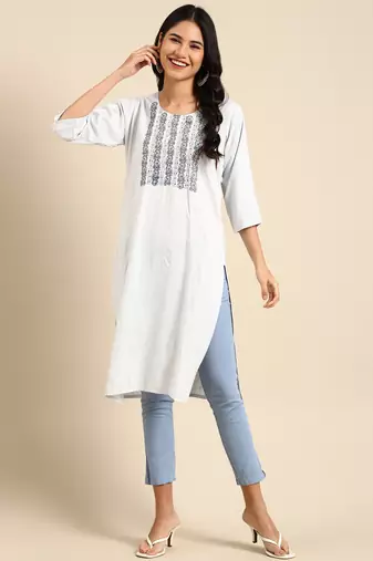 women's calf length round neck blue woven design straight kurta