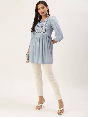 women's above knee round neck blue solid a-line kurta 1