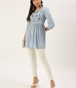 women's above knee round neck blue solid a-line kurta