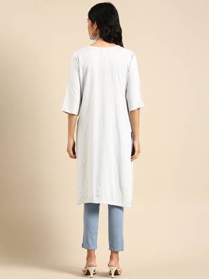 women's calf length round neck blue woven design straight kurta 5