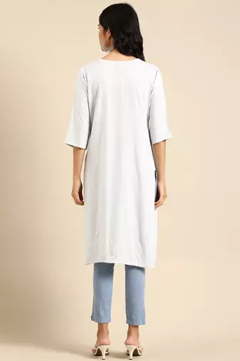 women's calf length round neck blue woven design straight kurta