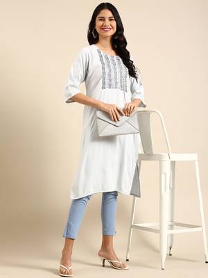 women's calf length round neck blue woven design straight kurta 1