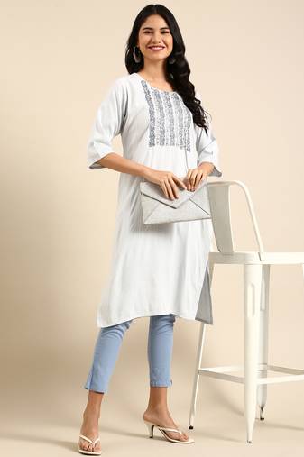women's calf length round neck blue woven design straight kurta