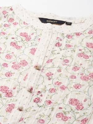 women's calf length mandarin collar cream floral a-line kurta 4