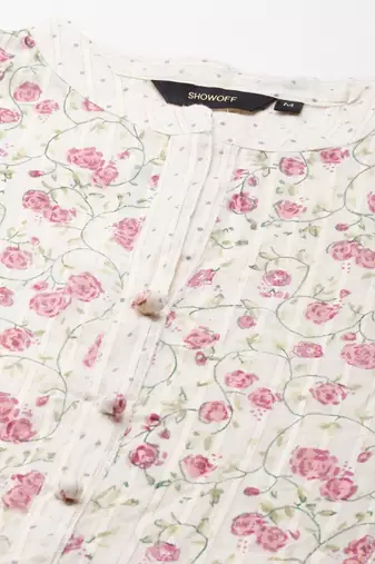 women's calf length mandarin collar cream floral a-line kurta