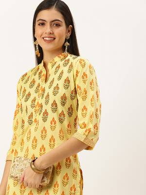 women's calf length mandarin collar yellow embellished straight kurta 2