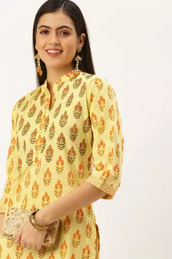 women's calf length mandarin collar yellow embellished straight kurta