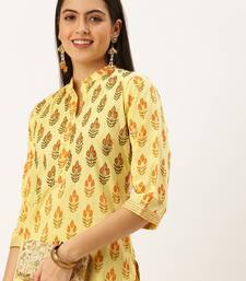 women's calf length mandarin collar yellow embellished straight kurta