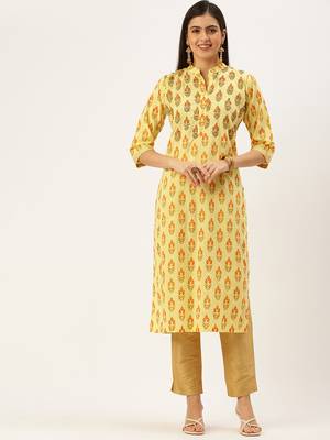 women's calf length mandarin collar yellow embellished straight kurta 3