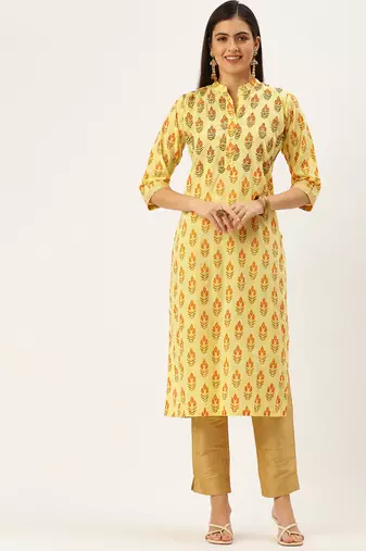 women's calf length mandarin collar yellow embellished straight kurta