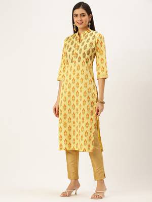 women's calf length mandarin collar yellow embellished straight kurta 4