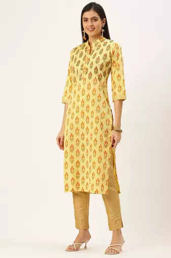 women's calf length mandarin collar yellow embellished straight kurta