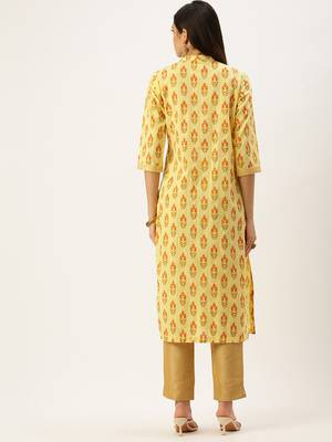 women's calf length mandarin collar yellow embellished straight kurta 5
