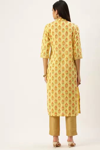 women's calf length mandarin collar yellow embellished straight kurta