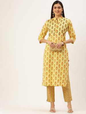 women's calf length mandarin collar yellow embellished straight kurta 1