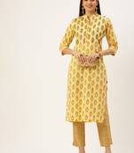 women's calf length mandarin collar yellow embellished straight kurta