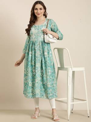 women's calf length round neck turquoise blue floral anarkali kurta 1