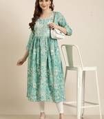 women's calf length round neck turquoise blue floral anarkali kurta