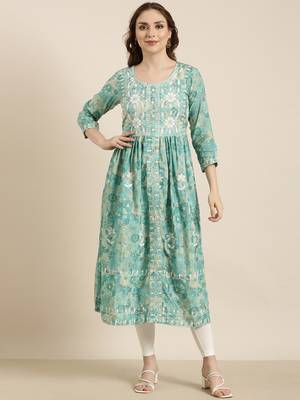 women's calf length round neck turquoise blue floral anarkali kurta 2