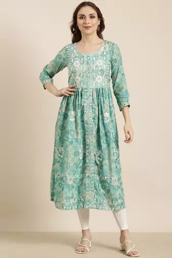 women's calf length round neck turquoise blue floral anarkali kurta