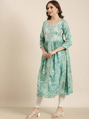 women's calf length round neck turquoise blue floral anarkali kurta 3