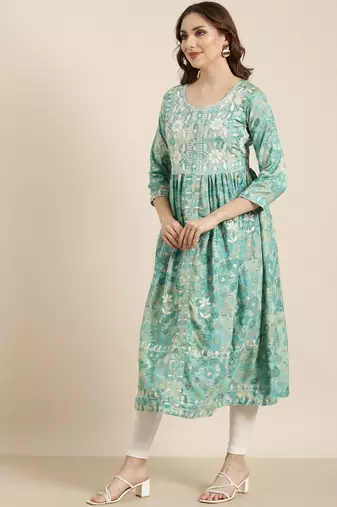 women's calf length round neck turquoise blue floral anarkali kurta