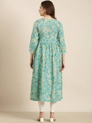 women's calf length round neck turquoise blue floral anarkali kurta 4