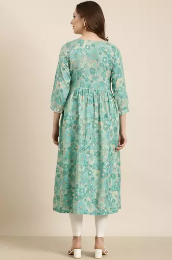 women's calf length round neck turquoise blue floral anarkali kurta
