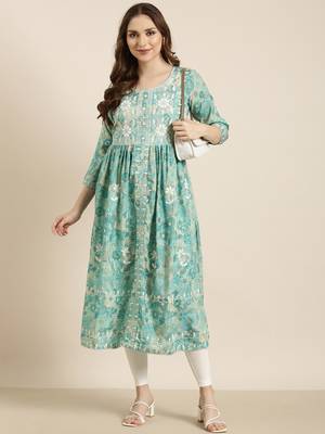 women's calf length round neck turquoise blue floral anarkali kurta 5