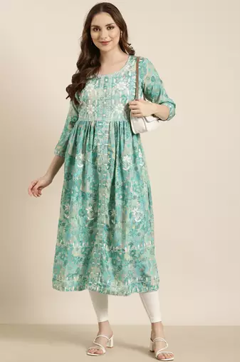 women's calf length round neck turquoise blue floral anarkali kurta