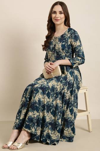 women's ankle length round neck blue floral anarkali kurta