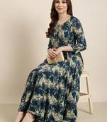 women's ankle length round neck blue floral anarkali kurta