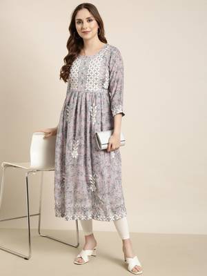 women's calf length round neck lavender floral anarkali kurta 1