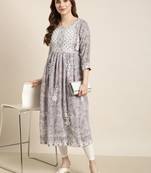 women's calf length round neck lavender floral anarkali kurta