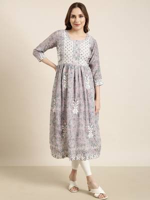 women's calf length round neck lavender floral anarkali kurta 2