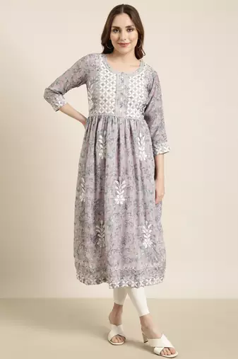 women's calf length round neck lavender floral anarkali kurta