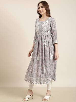 women's calf length round neck lavender floral anarkali kurta 3