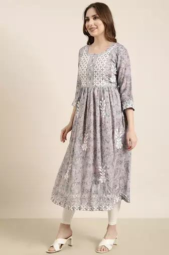women's calf length round neck lavender floral anarkali kurta