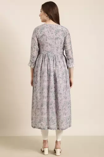 women's calf length round neck lavender floral anarkali kurta