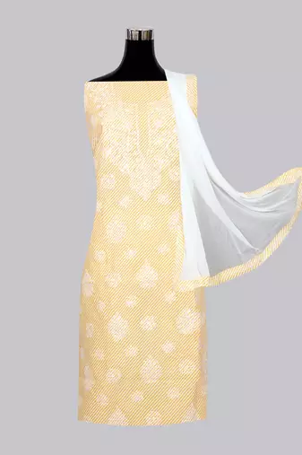 Ada Hand Embroidered Yellow And White Cotton Lucknowi Chikankari Women Unstitched Suit Piece - A211242